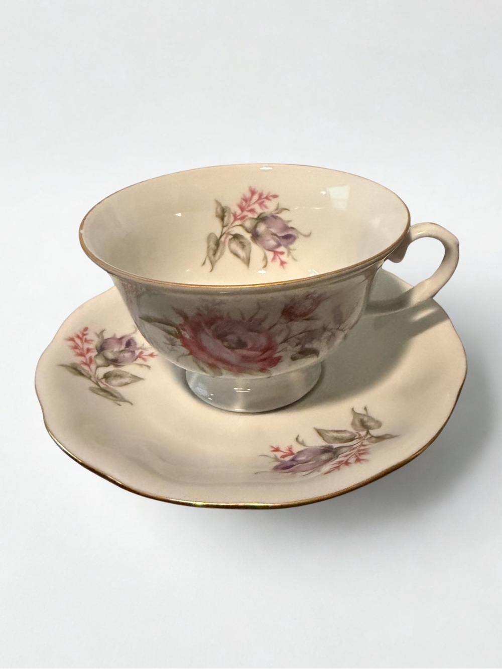 Floral Bone China Teacup and Saucer in Cream and Pink